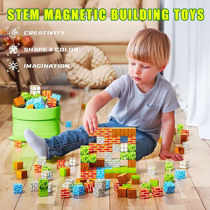 Magnetic Blocks-Build Mine Magnet World Edition, Magnetic Toys for Boys & Girls Age, STEM Montessori Sensory Toys for Toddlers-48pcs