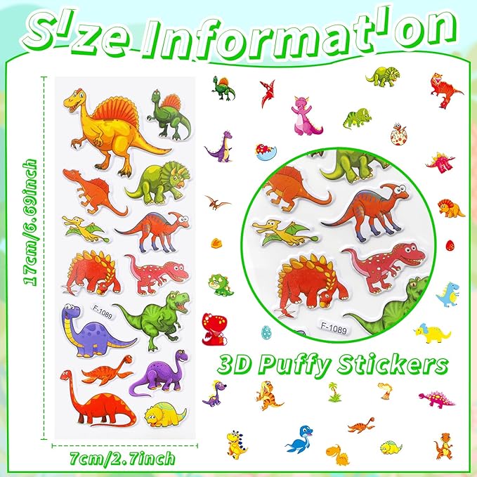 36 Sheets Dinosaur Stickers for Kids - 900+ 3D Puffy Stickers Prehistoric Theme | T-Rex, Stegosaurus, Volcano | Reusable, Waterproof | Crafts, Scrapbooking, Party Favors