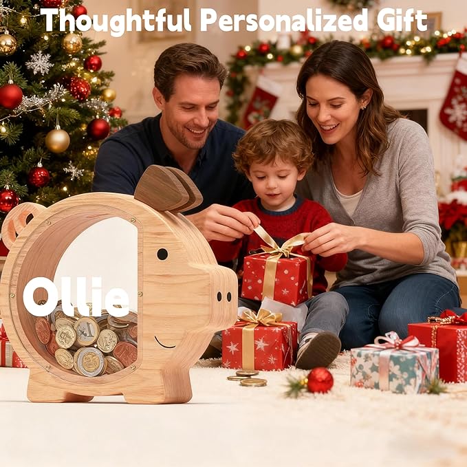 Personalized Wooden Piggy Bank for Kids Large, Custom Name Money Bank for Boys Girls, Cute Unbreakable Wood Savings Jar Money Box, Birthday for Child, Room Décor