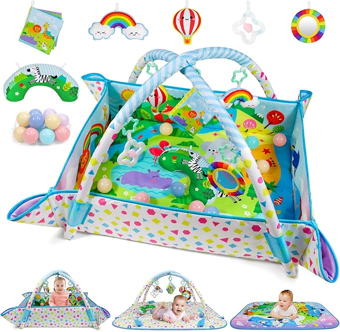 Dr.Rapeti Baby Play Gym Mat Animal Planet with Ball Pit Activity Gym Center Tummy Time Mat Thickened Mat Sensory Exploration Motor Skill Development for Newborn Infant Baby Toddler for 0+