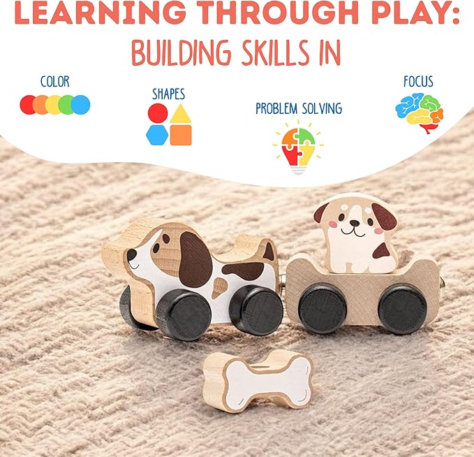 Cubika Wooden Clever Puppies Train Toy – Magnetic Dog-Themed Wood Toy Playset for Toddlers 18 Months+ – Montessori Toy for Fine Motor Skills and Imaginative Play