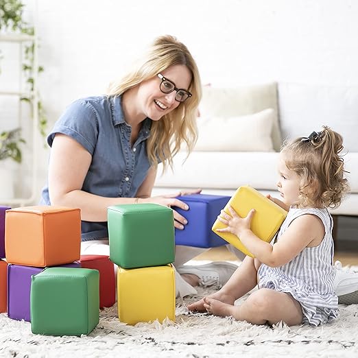 ECR4Kids SoftZone Patchwork Toddler Building Blocks, Foam Cubes, Assorted, 12-Piece
