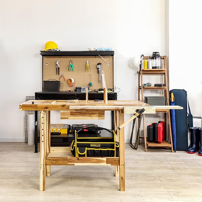 Olympia Tools 48-Inch Acacia Hardwood Workbench with Drawer - 330lbs Weight Capacity Heavy Duty Portable Wood Work Bench Table for Garage, Workshop, Home Storage - Woodworking Wooden Workbenches