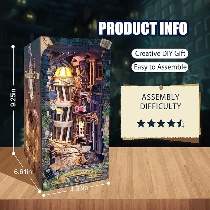 DIY Book Nook Kit,Miniature Dollhouse for Adults Teens,Booknook Bookshelf Insert Decor,Dust Proof 3D Wooden Puzzles,Tiny House Easter Halloween Home Decor,Birthday Gifts(Magic Night Alley)