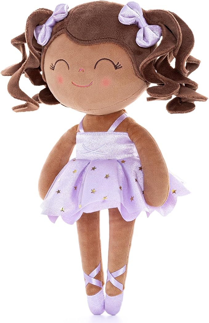 Gloveleya Baby Dolls Soft Snuggly Curly Hair Ballerina Doll First Baby Girl Gifts Plush Tanned Ballet Doll with Lace Mesh Dress Purple 14inches Ballerina Series