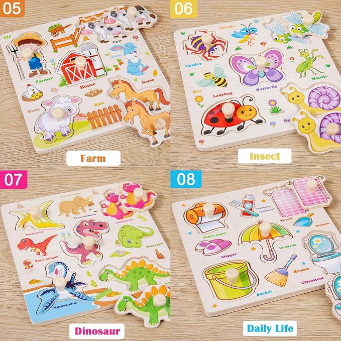 Wooden Puzzle for Toddler 1-3, 8Pcs Peg Puzzles for Toddler 2-4, Learning Puzzles Set, Wooden Puzzles Peg-Animals, Dinosaur, Fruits, Vegetable, Insect Great Preschool Gifts for Girls Boys