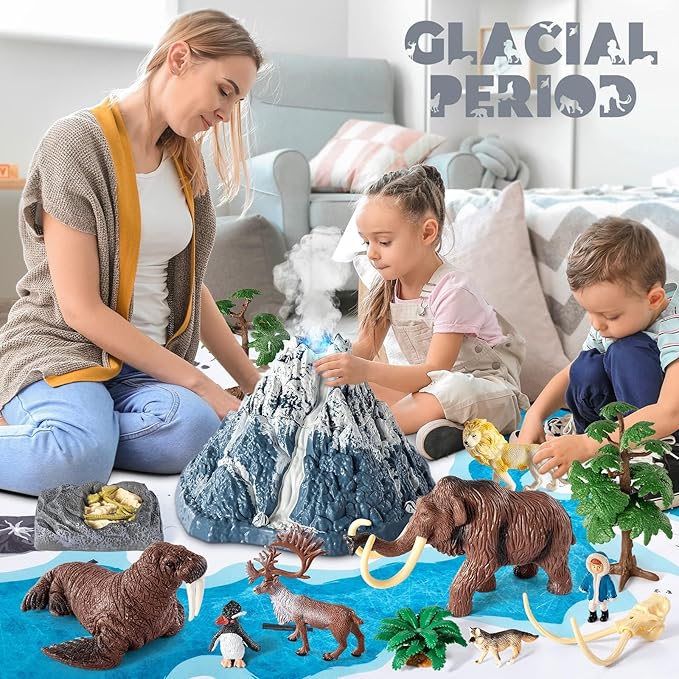 Prehistoric Animal Toys for Kids 3-5, Safari Animals Figurines and Snowy Volcano Toy Set with /Realistic Mammoth, Lion and Gorilla. Educational Gift 4-9.Gift for Toddlers Boys & Girls