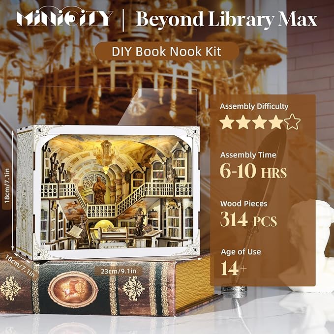 DIY Book Nook Kit, Miniature Dollhouse Booknook Kit, 3D Wooden Puzzle Bookend Bookshelf Insert with LED Light for Teens and Adults(Library of Gods Max)