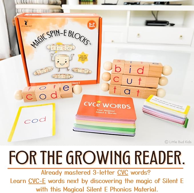 LITTLE BUD KIDS Magic Spin-E Blocks - A Silent E Phonics Toy & Montessori CVCe Reading Blocks for Kids Ages 4–7