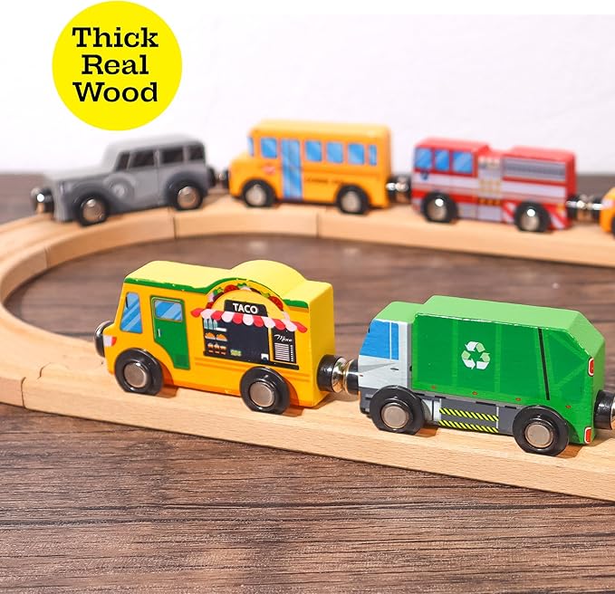 9 Piece Wooden Cars with Magnets - City Vehicles, Emergency Trucks, School Bus, Police, Fire, Ambulance, Taco Truck Toy - Community Helpers Play Set - Zany Trains