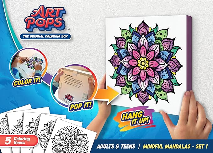 ArtPops Coloring Boxes – Pop-Up Pre-Printed Coloring Box Set – DIY Wall Art Kit for Teens & Adults – Eco-Friendly, Easy to Hang, No Frame Needed – 5-Pack, Mindful Mandalas