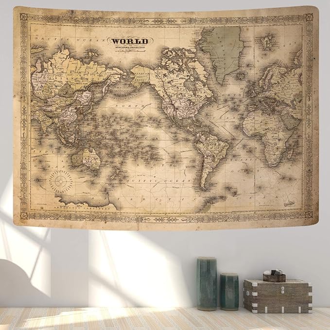 GOAOK Retro Old World Map Tapestry, Vintage Map Asian Northern European Topography Earth Educational Tapestry for Classroom, Brown Adventure Travel World Map Office Tapestry Wall Art 80"X60"
