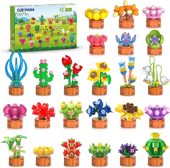 24 Pack Flowers Succulents Party Favors for Kids Building Set - 1012 PCS Botanical Bonsai 3.6MM Mini Building Blocks Toy for Classroom Prizes Easter Basket Stuffers Birthday Gift for Girl Boy Ages 6+