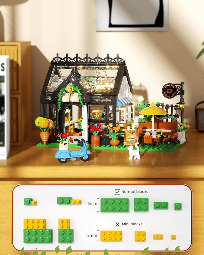 Flower House Building Set, Coffee Shop Outdoor Parasol and Piano Building Kits with Lights, Greenhouse Model Halloween for Girls, Home Decor Office Coffee Bar Display