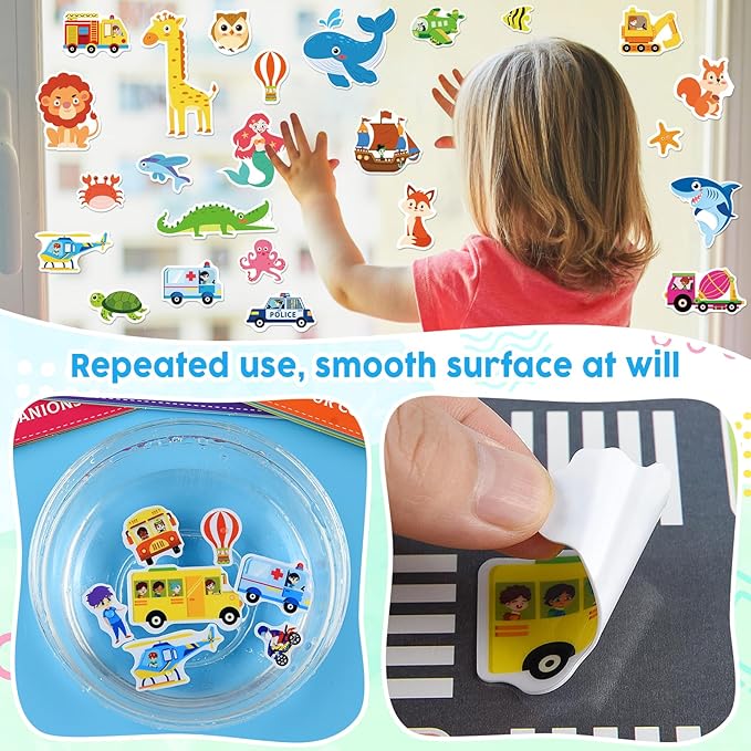 ASTARON 3 Pack Reusable Sticker Books for Kids, Cute Waterproof Dinosaurs Animals Vehicles Stickers, Portable Travel Toys and Educational Sensory Learning Toys (3-6 Age)