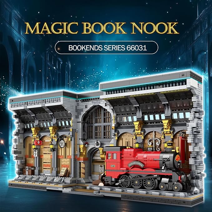 Reobrix Magic Train Booknook Building Set with Lights, Creative Bookends Building Kit 66031, Bookshelf Home Decor, 2795 PCS Book Nook Model Toy Kit, Gift for Teens 14+ and Adults