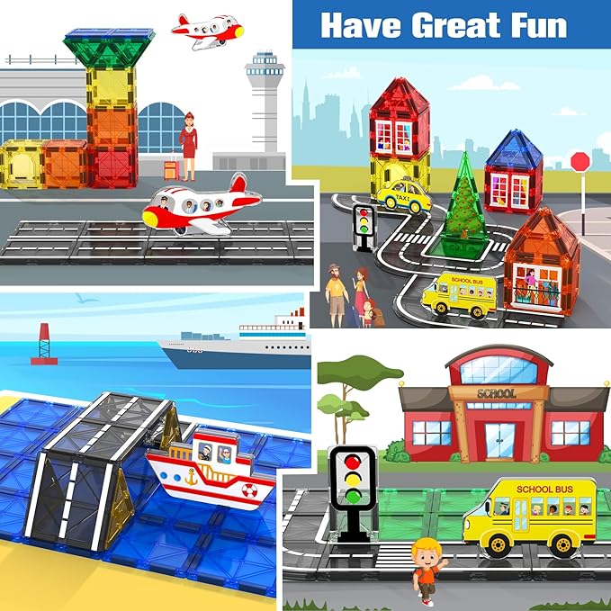 Magnetic Tiles Road Toys for 3+ Year Old Toddler, Magnetic Blocks Building Toys for Kids Ages 3-5 5-7 Girls Boys, STEM Montessori Sensory, Classroom Must Haves