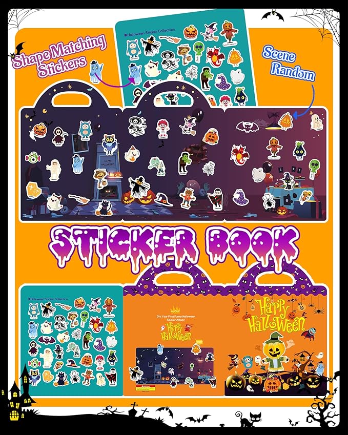 Halloween Sticker Books for Kids, Reusable Sticker Books for Toddlers 1-3, 2-4, Halloween Travel Toys Acticities Crafts Birthday Gifts for Boys Girls Kids