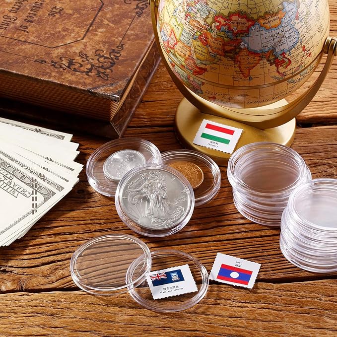 Silver Dollar Coin Case Holder for Collectors 40.6mm Silver Bar Plastic Round Coin Capsules Covers for Silver Bar Coin Collection Supplies (60 Pieces)