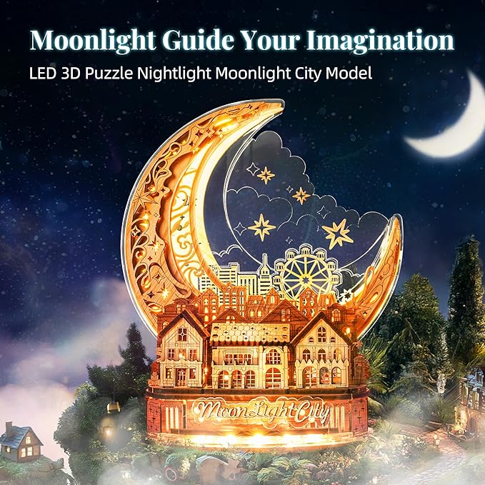 3D DIY Puzzle Moon City Model - LED 3D Wood Puzzle - 3D Wooden Puzzles for Adults Home Décor Gifts for Kids and Adults, Brown