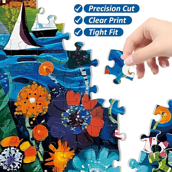 300 Pieces Puzzles for Adult,Riverboat Scene Puzzle for Kids Teen Adults,Interlock Perfectly Letter on Back,Folk Art Design Jigsaw Puzzle for Kids Ages 8-10,Puzzle for Family Game Nights,20.5 x 15 in