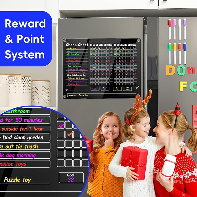 Acrylic Magnetic Chore Chart for Kids Multiple Kids，15"x11.8" Clear Dry Erase Reward Chart -Behavior and Responsibility Refrigerator Board for at Home Kids, Teens(w/ 8 Markers & Towel)