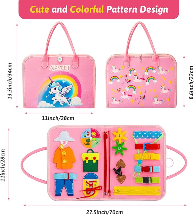 AIXMEET Toddler Busy Board Montessori Toys, Sensory Board Busy Book, Toys for Toddlers 3456 Year Old, Preschool Learning Activities with Life, Shape,Color,Animal,Weather,8 Pages (Pink)