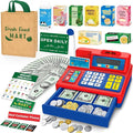 Calculator Cash Register Toy Gift for Kids Age 3, 4, 5, 6, 7, 8+ Year Old, 120 Pcs Grocery Store Playset with Microphone, Grocery Boxes, Credit Card, Red Play Cash Register for Toddlers Kids 4-8