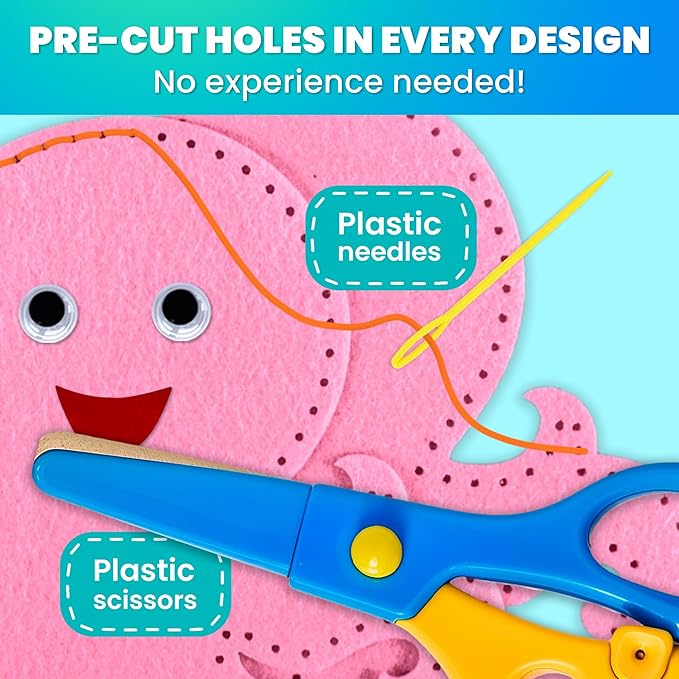 QUOKKA Kids Crafts Ages 4-8, DIY Beginner Needle and Thread Kit - 12 Sea Animals Sewing Kit Basic - Fun Arts Crafts for Kids Ages 6-8 Girls Boys - Plastic Needles, Scissors - 6+ Year Old Girl Gifts