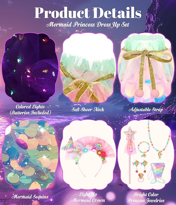 Princess Dress Up Toys Princess Dress Up Clothes Rainbow Mermaid Cape Kit 9 Pcs Gift Set for Little Girls 3-8 Years