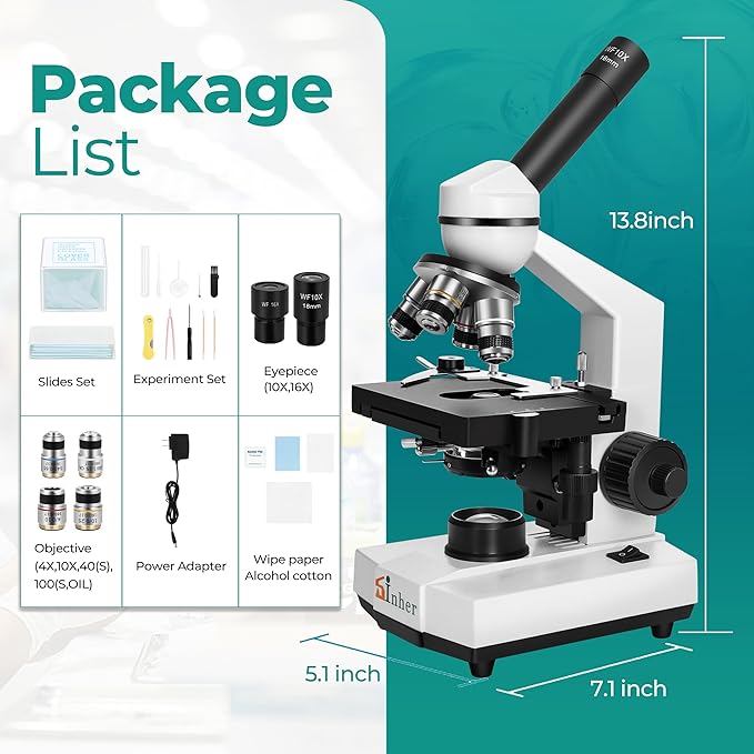 Sinher XSP-104 Profesional Science Compound Monocular Microscopes 40X-1600X for Adults Student Kids 8-12,with Microscope Slides, Microscope Kit for School Lab Home Education