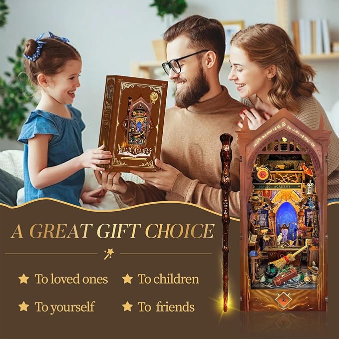 DIY Book Nook Kit, DIY Miniature Dollhouse Kit for Adults and Teens, Book Nook Bookshelf Insert Decor 3D Wooden Puzzle Bookend Miniature Kit with Sensor Light Creative Craft (Magic Academy)