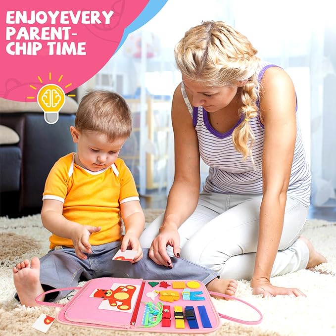 Toddler Busy Board, Montessori Sensory Toys for Boys, 1-4 Year Old Girl Toddler Travel Toys, Educational Learning Activities Board for Motor Skills, Birthday Gifts for Airplane Car, Pink