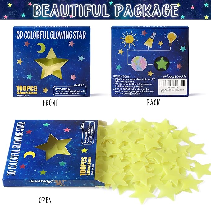 AM AMAONM 100 Pcs Yellow Glow in The Dark Luminous Stars Fluorescent Noctilucent Plastic Wall Stickers Murals Decals for Home Art Decor Ceiling Wall Decorate Kids Babys Bedroom Room Decorations