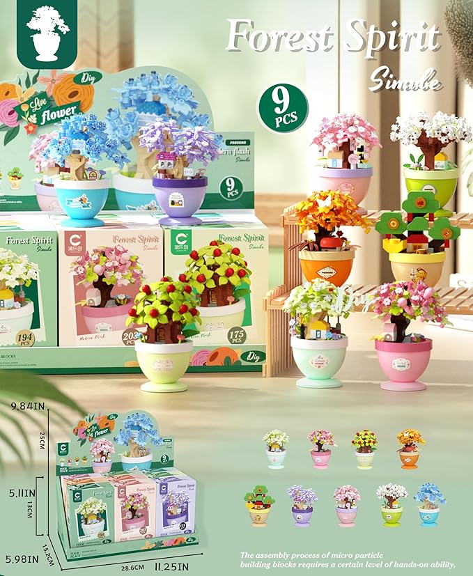 9 Set Mini Bonsai Tree Micro Building Set Building Toy Plant Cherry Tree Flower Collection Decor for Home Desk Greenery Decoration Building Blocks DIY Creative Gifts