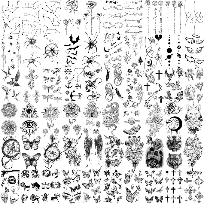 77 Sheets Temporary Tattoo, Half Arm Realistic Lion Wolf Owl Elk Snake Butterfly Rose Fake Tattoos for Girls Boys, Waterproof Temporary Tattoos for Women Men Adults Chest Shoulder Neck Hand