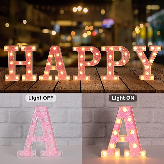 Foaky Pink Light up Letters，Pink Party Decorations,Girls Room Decor,Glitter Light Up Letters,Alphabet Letter Sign for Night Light Birthday Party Girls Gifts, Home Bar Decoration（F）