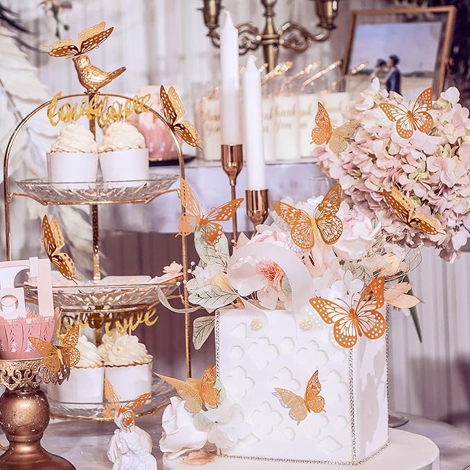 SAOROPEB 3D Butterfly Wall Decor, 48 Pcs 4 Styles 3 Sizes, Removable Metallic Wall Sticker Room Mural Decals for Kids Bedroom Nursery Classroom Party Decoration Wedding Decor DIY Gift (Rose Gold)