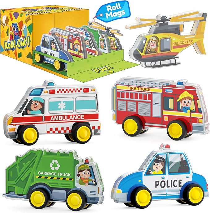 Oriate Rolling City Vehicle for Magnetic Tiles, Free Wheels Rescue Toy Cars Compatible with Road Magnet Tiles, Car Toys for Kids Urban Road Traffic Magnetic Tiles Toys, Educational Gift Boys Girls
