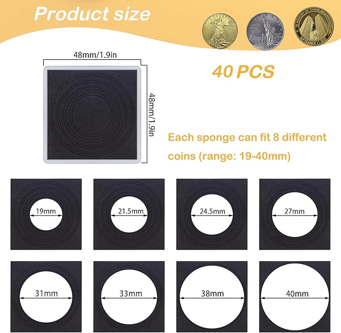 40 Pcs Clear Coin Collection Holders with Sponges 43mm Coin Capsules Morgan Silver Dollar Coin Snap Holder Protectors for Collectors (8 Adjustable Diameters: 19/21.5/24.5/27/31/33/38/40mm) (40)