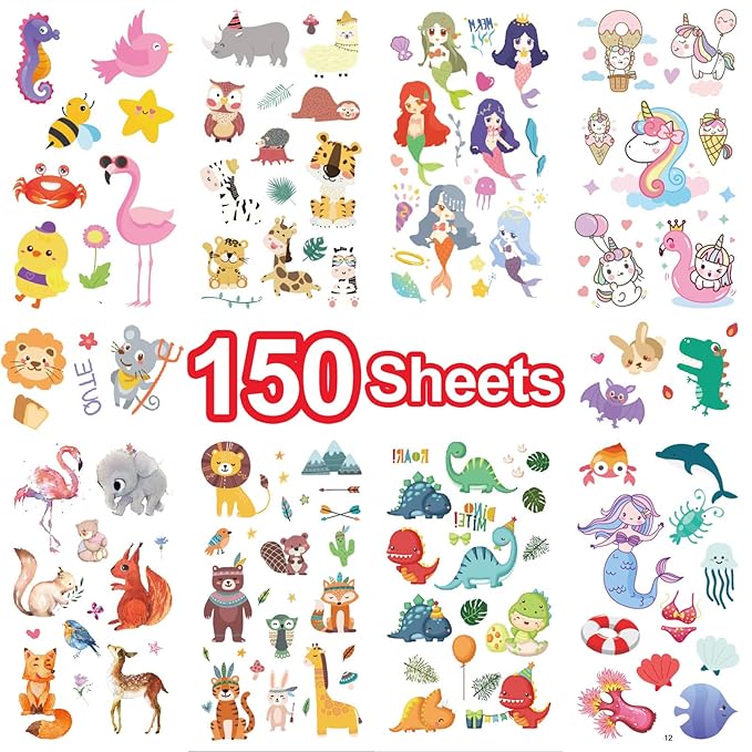 Temporary Tattoo Kids - 150 Sheets & 1700+ Patterns | Boosts Imagination/Creativity & Easy-Clean | Ideal for Party Favors, Arts & Crafts, Goodie Bags (Non-Toxic, Safe for Skin)