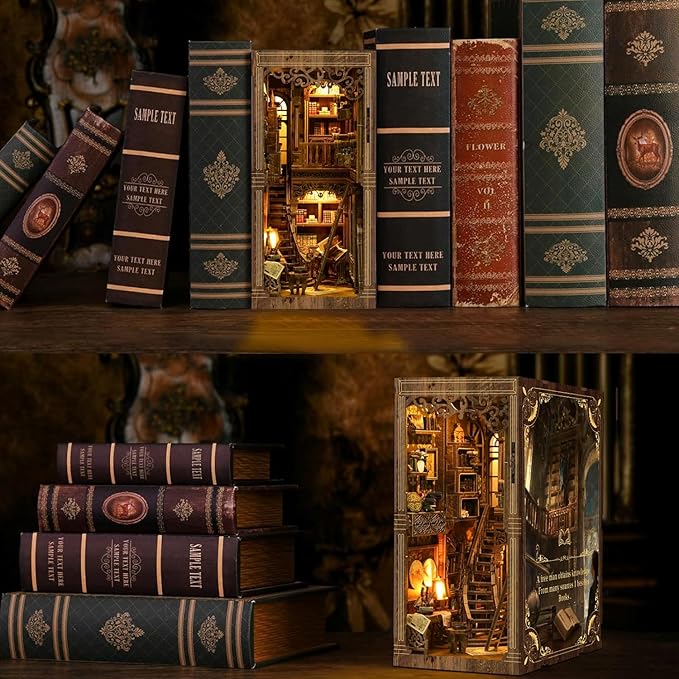 Book Nook Kits for Adult, DIY Miniature House Kit 3D Wooden Puzzles Miniature House Booknooks Dollhouse Bookend Bookshelf Insert Decor with LED Light Gift - Ancient Book Collection Room