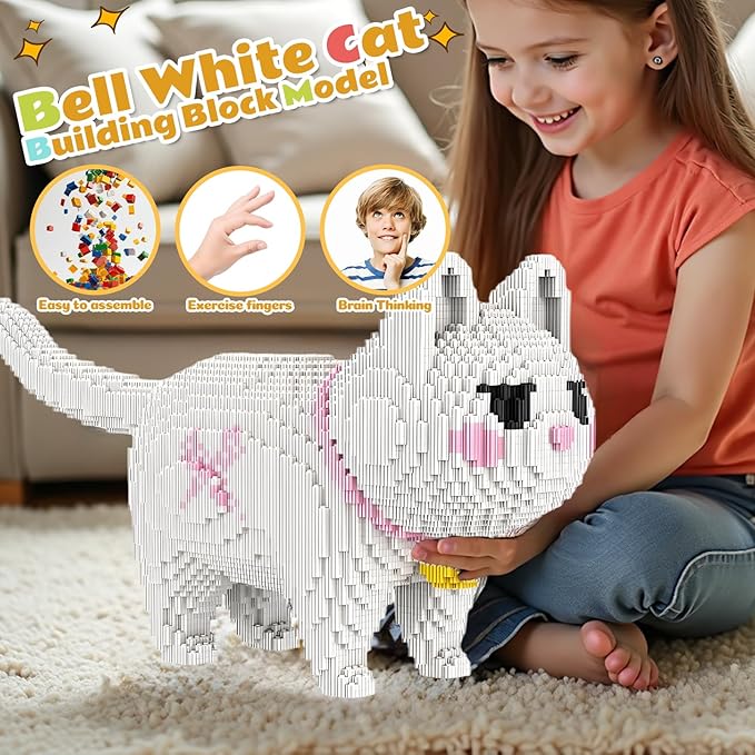 Animal White Striped Bell Cat Micro Mini Building Blocks Sets Large Cute Cat Building Kits Model Toys Gift Adults Kids Teens 5760 PCS