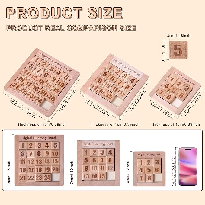Wooden Number Sliding Puzzle，Brain Teasers Toy Tangram Slide Puzzle Game，Sequential Puzzles Board Game，Educational Toys for Kids and Adults（Number 1-24）