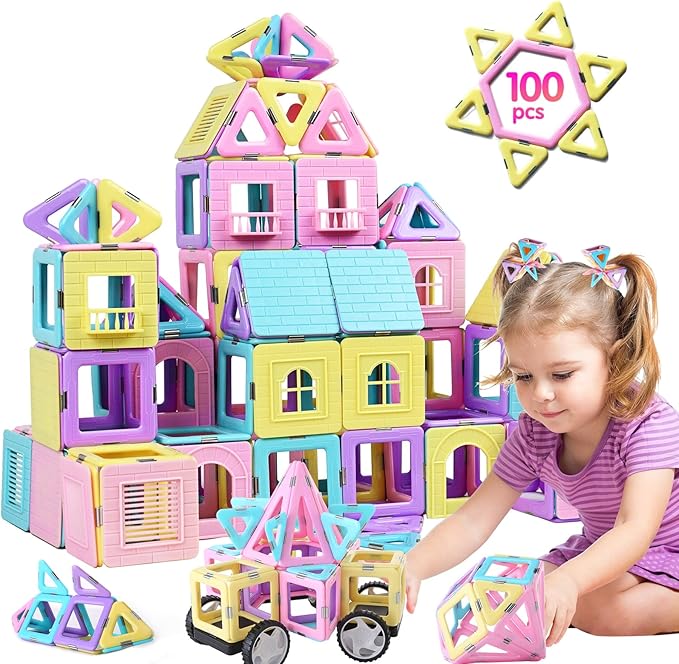 TOKBLOK Magnetic Tiles Toys for 3 4 5 6+ Year Old Girls Boys 100Pcs Macaron Magnet Building Blocks Set for Toddler STEM Educational Toys for Kids Birthday Gifts (Castle & Car Set)
