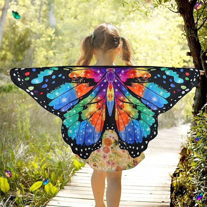 Butterfly Costume for Girls Fairy Wings Kids 4 Pcs(Cape,Skirts,Masks,Hair Clips) Butterfly Wings for Halloween Gifts