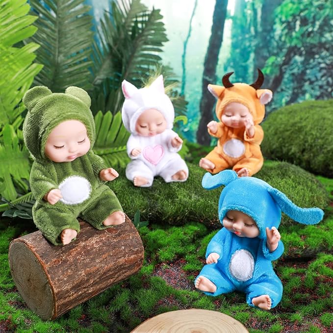 Hanaive 4 Pcs 4 Inch Mini Baby Dolls Lifelike Realistic Baby Dolls Animal Clothes Cute Tiny Gifts for Kids Birthday Party(Cuddly Style)