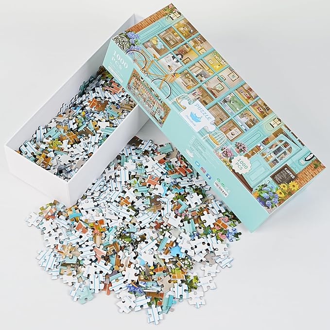 MOMIBOOK Puzzles for Adults 1000 Pieces Jigsaw Puzzles of Corner Coffee Shop, Painting Image Store Puzzle Difficult Challenging Hard Impossible Puzzle Unique Funny Party Christmas Birthday Gifts