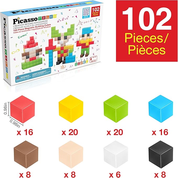 PicassoTiles 102pcs Pixel Magnetic Puzzle Cube 1” Pixel Mix & Match Toys with Ideabook STEM Education Learning Building Block Magnets Construction ToySet Stacking Creative Kit for Kids Age 3+ PMC102