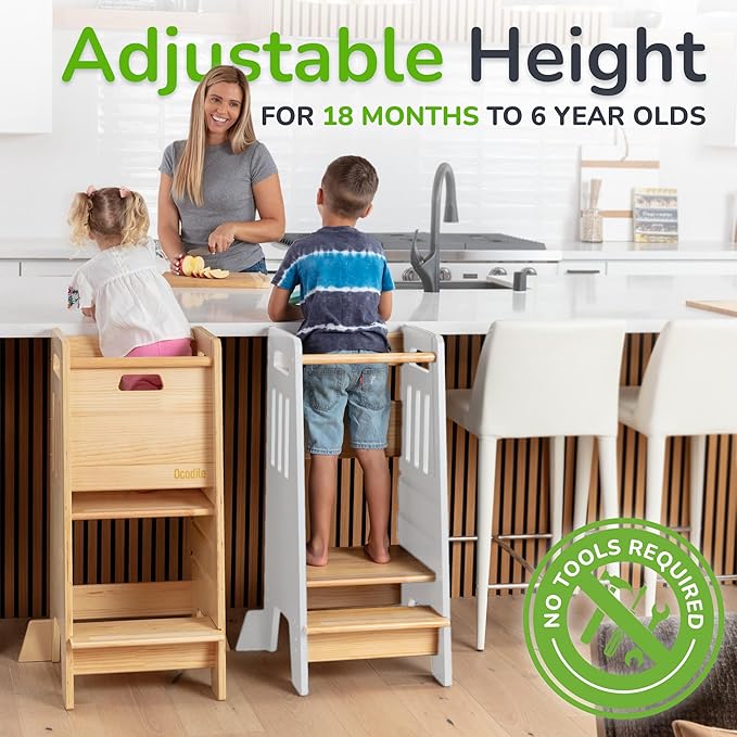 OCODILE Toddler Tower with a Sliding Door and 3 Adjustable Heights - Complete Toddler Kitchen Stool Helper with Support Feet - Safe Design for 18+ Months to 6-Year-Old Kids - White